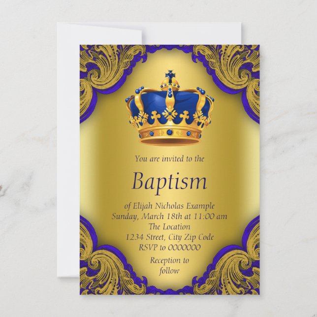 Boys Prince Baptism Royal Blue and Gold Crown Invitation (Back)