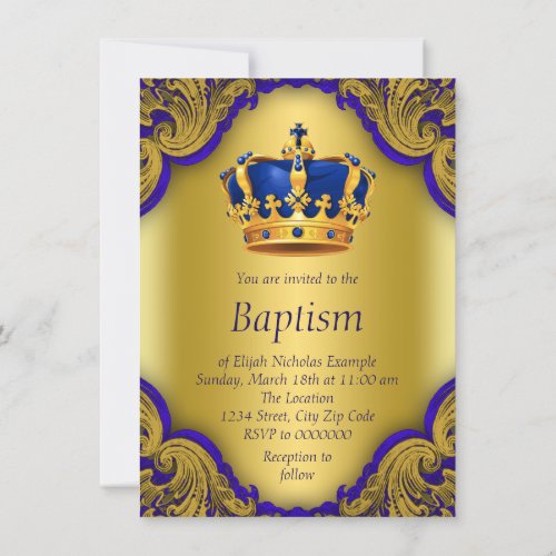 Boys Prince Baptism Royal Blue and Gold Crown Invitation