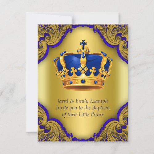 Boys Prince Baptism Royal Blue and Gold Crown Invitation