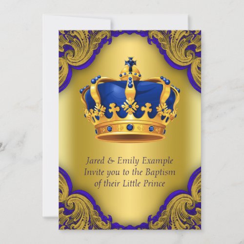 Boys Prince Baptism Royal Blue and Gold Crown Invitation