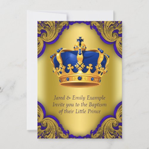 Boys Prince Baptism Royal Blue and Gold Crown Invitation