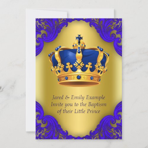 Boys Prince Baptism Royal Blue and Gold Invitation