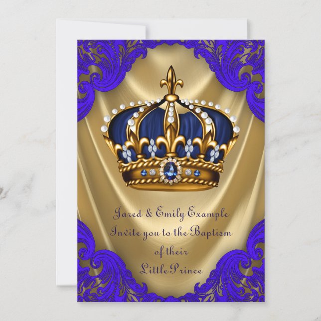 Boys Prince Baptism Royal Blue and Gold Satin Invitation (Front)