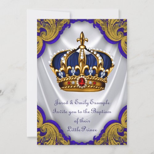 Boys Prince Baptism Royal Blue Gold Ruby Crown Invitation