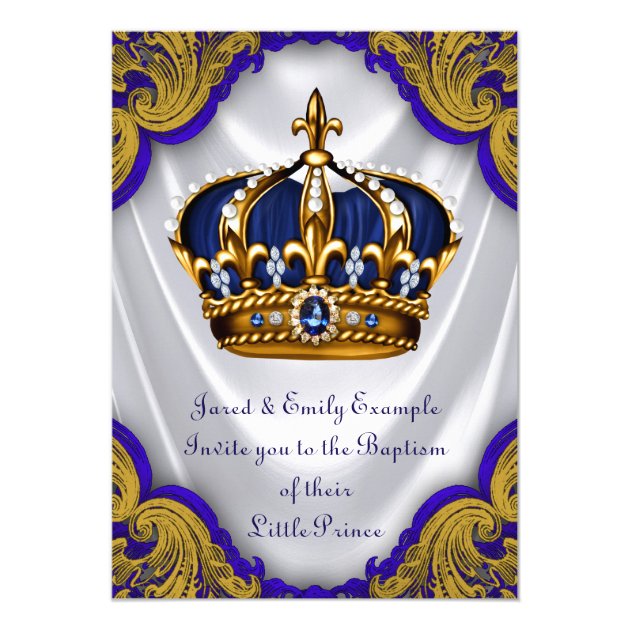 Boys Prince Baptism Royal Blue Gold Swirl Satin Invitation