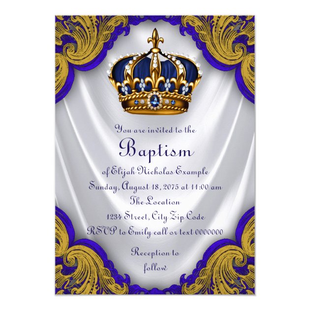 Boys Prince Baptism Royal Blue Gold Swirl Satin Invitation