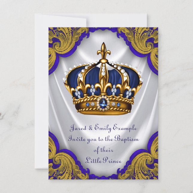 Boys Prince Baptism Royal Blue Gold Swirl Satin Invitation (Front)