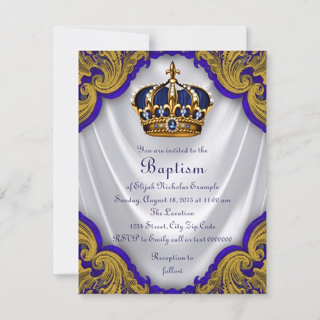 Boys Prince Baptism Royal Blue Gold Swirl Satin Invitation (Back)