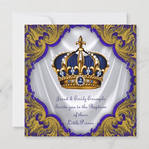 Boys Prince Baptism Royal Blue Gold Swirl Satin Invitation