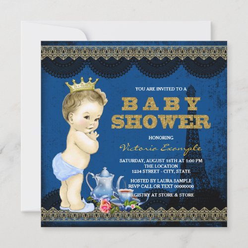 Boys Prince Paris Tea Party Baby Shower Royal Blue Invitation