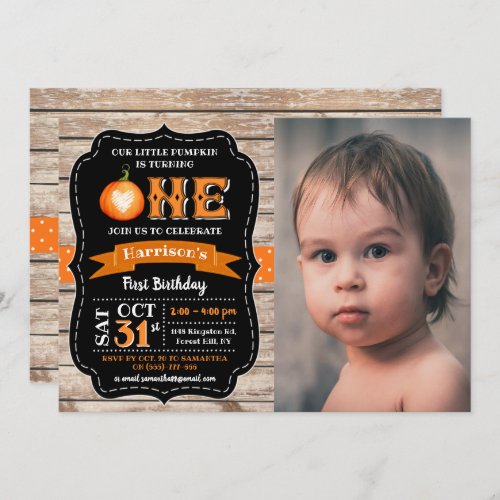 Boys Pumpkin Halloween 1st Birthday Photo Invitation