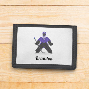 Boys Purple Ice Hockey Player & Name Tri-fold Wallet