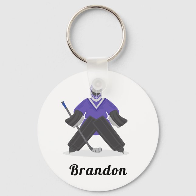 Boys Purple Ice Hockey Player & Name Winter Sports Keychain (Front)