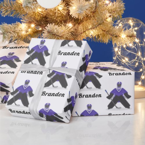 Boys Purple Ice Hockey Player  Name Winter Sports Wrapping Paper