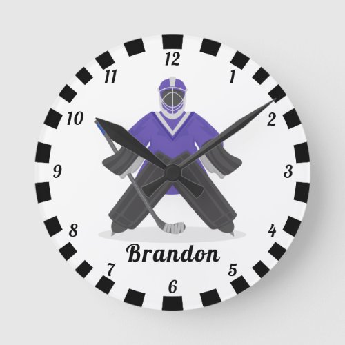 Boys Purple Ice Hockey Players Name Winter Striped Round Clock