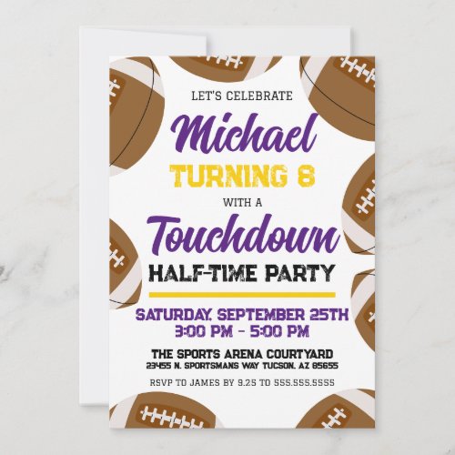 Boys Purple Yellow Football Team Birthday Party Invitation