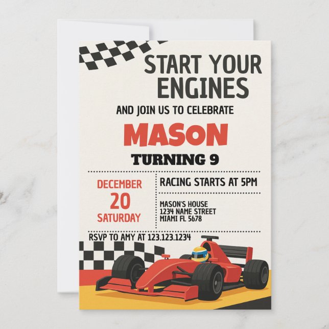 Boys Race Car Birthday Invitation (Front)