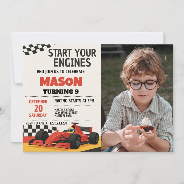 Boys Race Car Birthday Invitation with photo (Front)