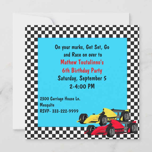 Boy's Race Cars Birthday Party Invitation (Front)