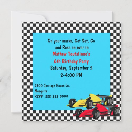 Boy's Race Cars Birthday Party Invitation