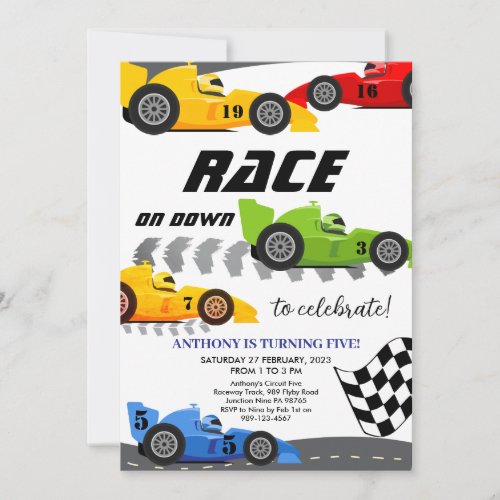 Boys Racing Car  Five Birthday Invitation