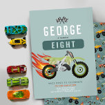 Boys Racing Motorbike Kids Birthday Invitation<br><div class="desc">This modern and cool boys 8th birthday invitation design features a car with hot flames, with a matching racing motorbike, wheel, and car pattern on the back. The card can be personalized with a name and other details necessary for your party. Set as an eighth birthday invite, but easy to...</div>