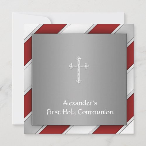 Red Silver Stripe Boy First Communion Invitation