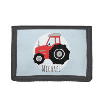 Boy's Red Farm Doodle Tractor with Name Tri-fold Wallet