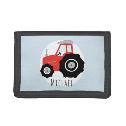 Boy&#39;s Red Farm Doodle Tractor with Name Tri-fold Wallet