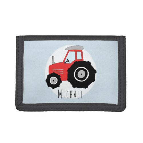 Boys Red Farm Doodle Tractor with Name Tri_fold Wallet