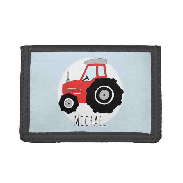 Boy's Red Farm Doodle Tractor with Name Tri-fold Wallet (Front)