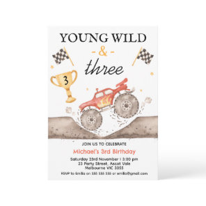 Boys Red Monster Truck Young Wild Three Birthday Invitation
