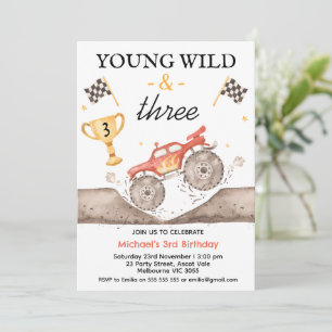 Boys Red Monster Truck Young Wild Three Birthday Invitation