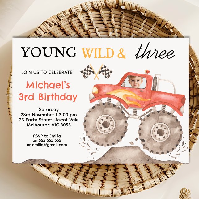 Boys Red Monster Truck Young Wild Three Birthday Invitation (Boys Monster Truck Birthday Invitation, Young Wild Three Monster Truck Birthday Invitation Template)