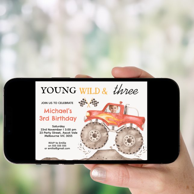 Boys Red Monster Truck Young Wild Three Birthday Invitation (Front Digital)