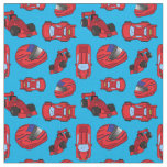 Boys Red Motor Racing Sports Car Pattern on Blue Fabric