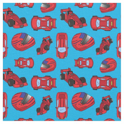 Boys Red Motor Racing Sports Car Pattern on Blue Fabric