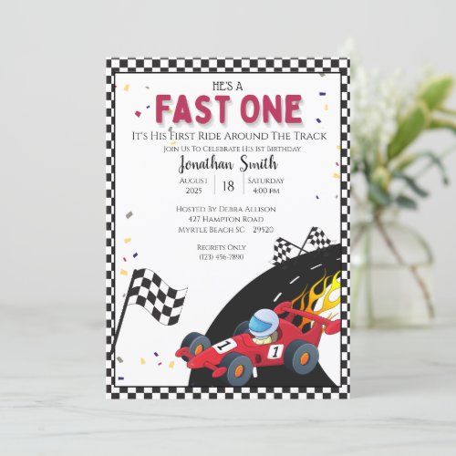 Boys Red Race Car 1st  Birthday Party Invitation