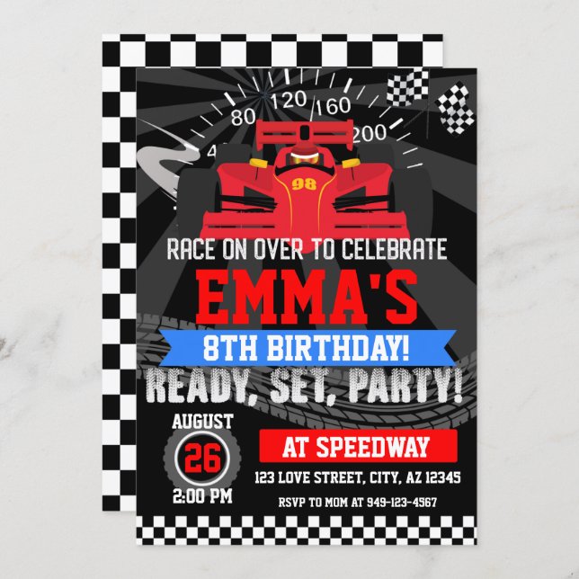 Boys Red Race car race track racing birthday Invitation (Front/Back)