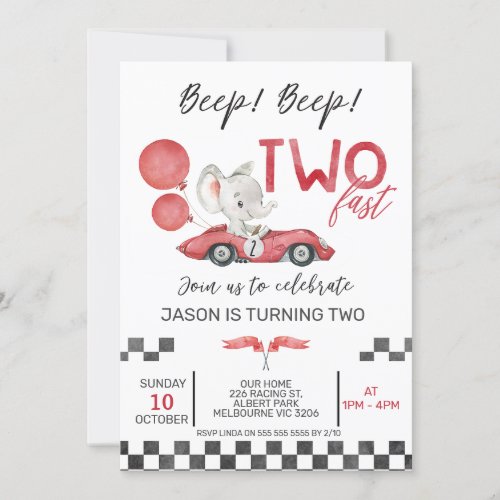 Boys Red Racing Car Elephant Two Fast 2nd Birthday Invitation