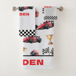 Boys Red Racing Car Pattern Personalized Bath Towel Set