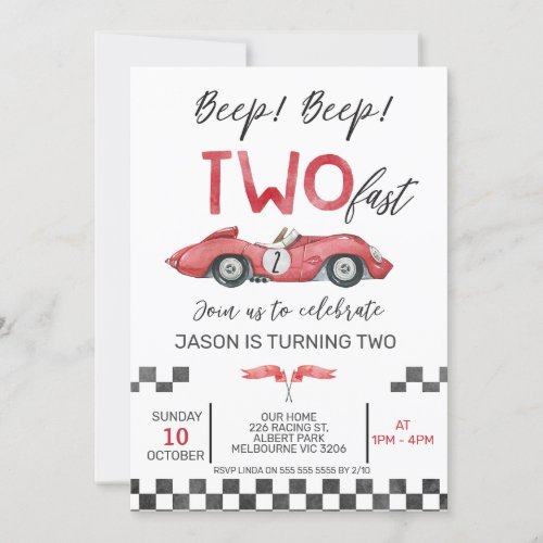 Boys Red Racing Car Two Fast 2nd Birthday Invitation