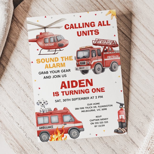 Boys Red Rescue Calling All Units Birthday Invitation (Calling All Units Invitation, Fire Truck Birthday Invitation, Emergency Squad Invitation, Alarm)