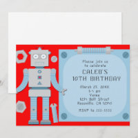 Boys Red Robot Custom Birthday Party Invitations