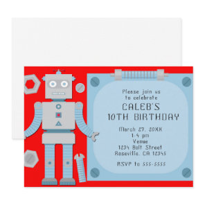 Boys Red Robot Custom Birthday Party Invitations