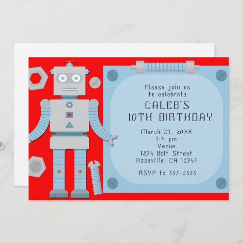 Boys Red Robot Custom Birthday Party Invitations