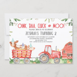 Boys Red Tractor Farm Animals Birthday Invitation