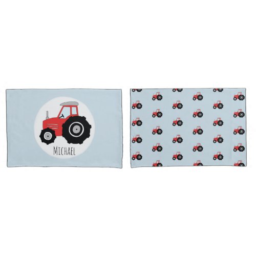 Boys Red Tractor Pattern with Childrens Name Pillow Case