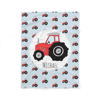 Boy's Red Tractor Pattern with Name Children's Fleece Blanket