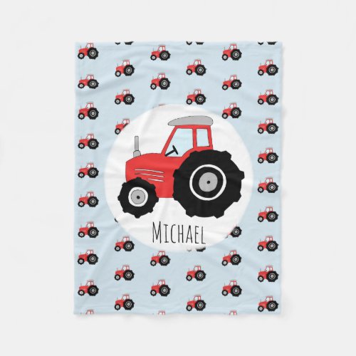 Boys Red Tractor Pattern with Name Childrens Fleece Blanket